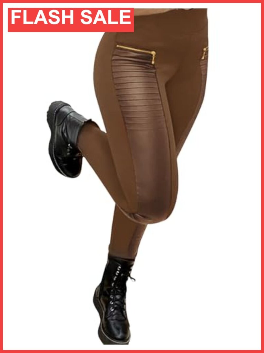 Faux Leather Leggings Women Pleather Pants Zip Patch Stretchy Mid Waist